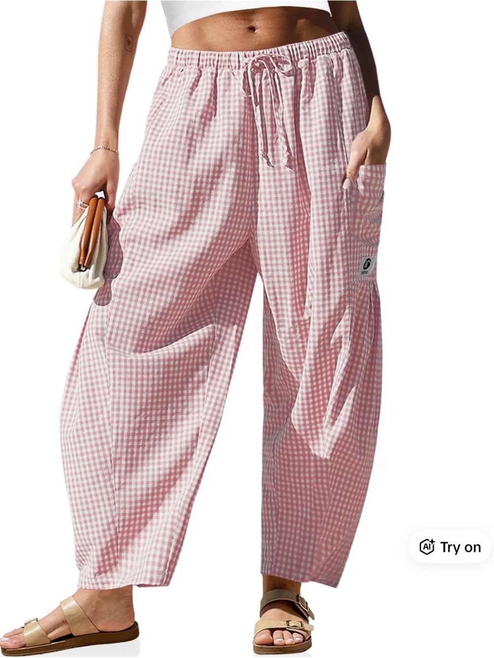 TARSE Womens  Wide Leg Gingham Striped Plaid Pants Casual Barrel NWT